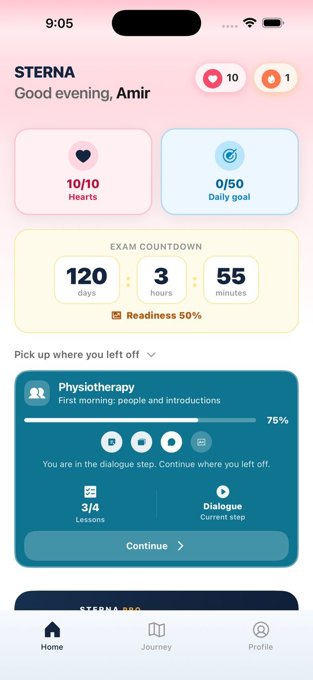 Home screen with exam countdown and readiness score