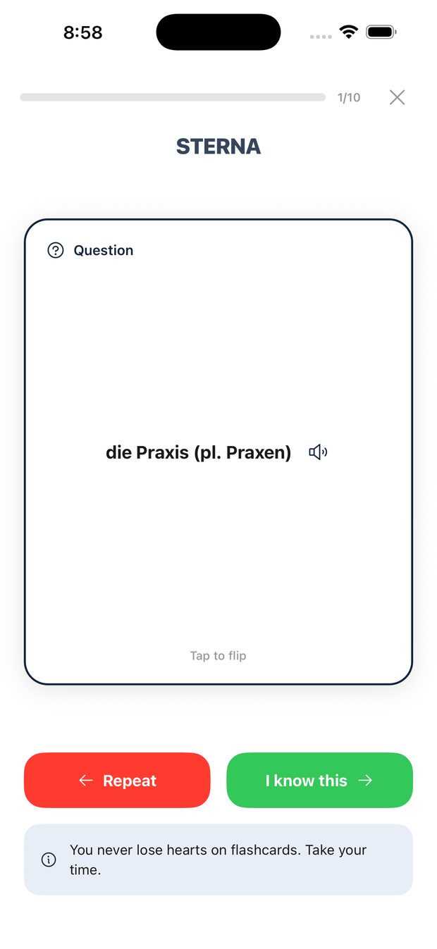 Term card showing die Praxis with pronunciation audio